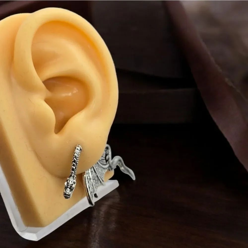 Silver Dragon Ear Jacket Earrings Gothic Fantasy Winged Dragon Cosplay Jewelry